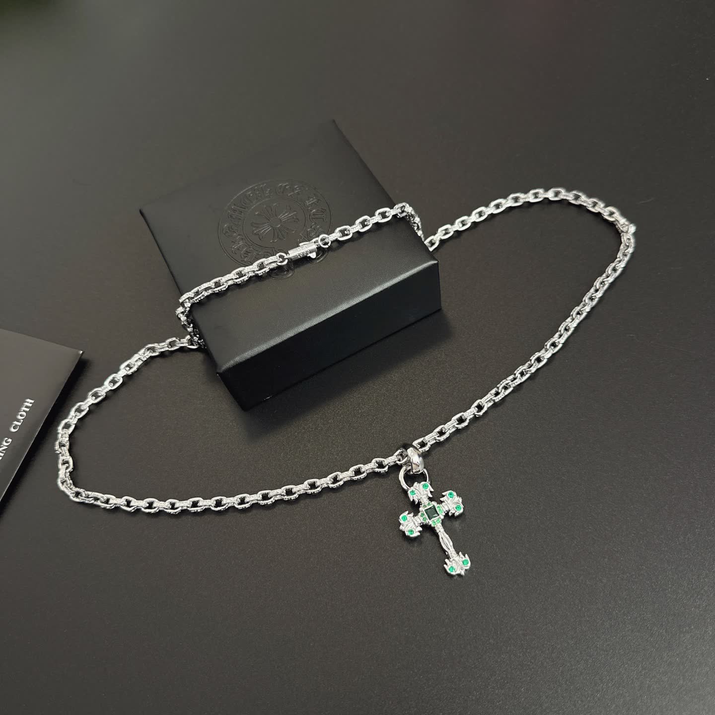 Chrome Hearts Silver Cross Pendant with Emerald Accents